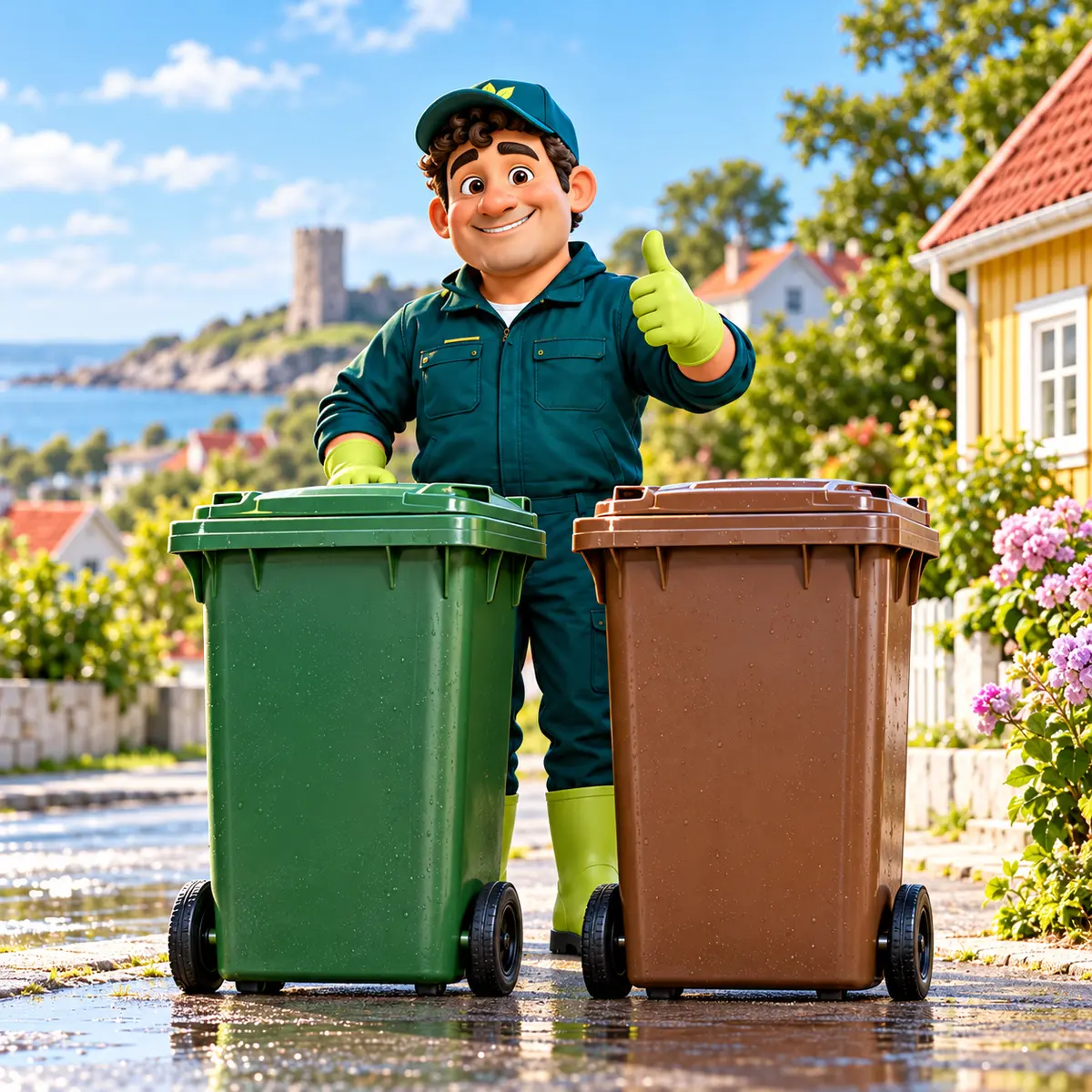 Benny, MyBinBins maskot, med ett rent grönt och brunt sopkärl
